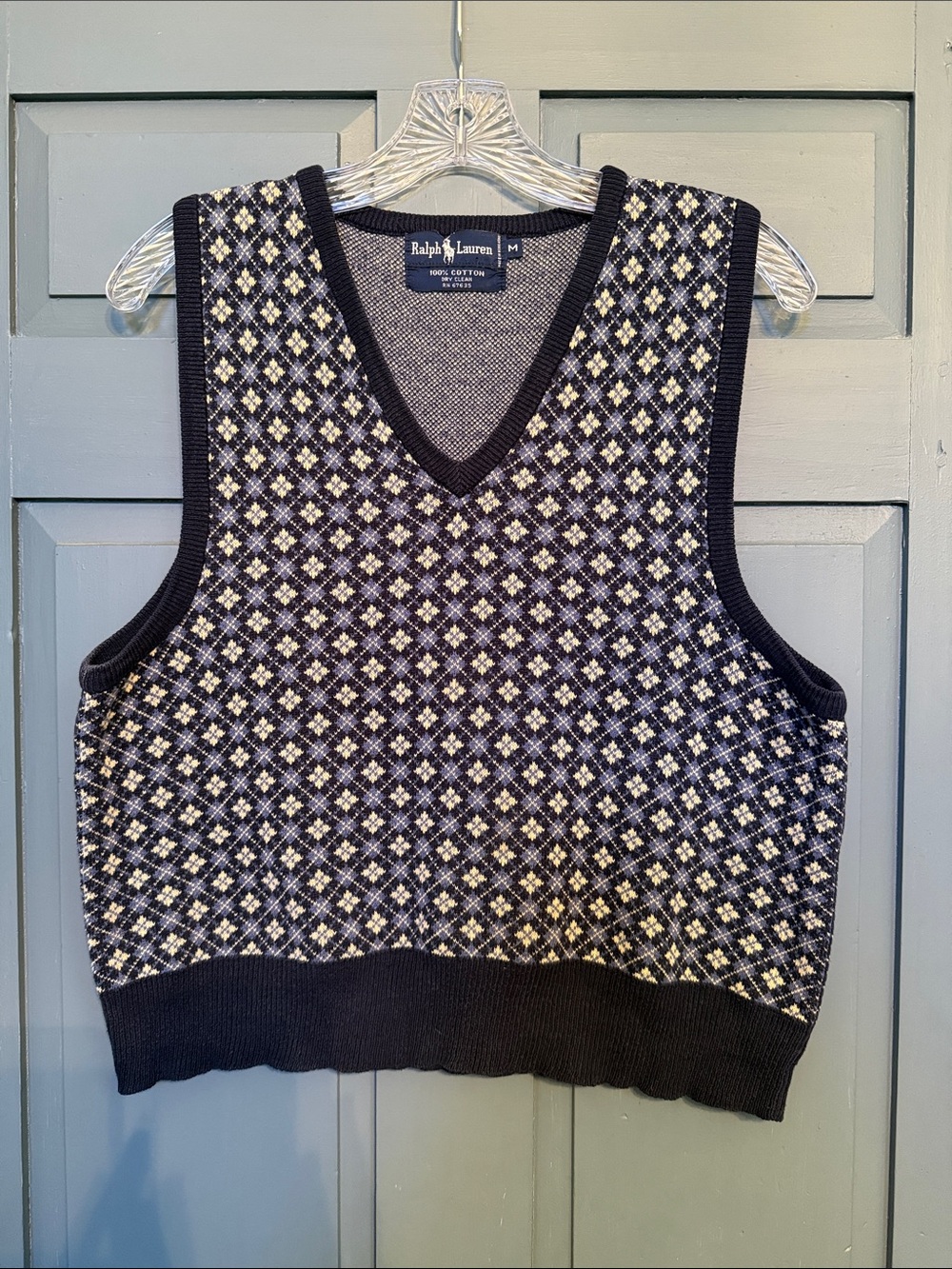 Ralph Lauren Navy and Cream Patterned V-Neck Sweater Vest